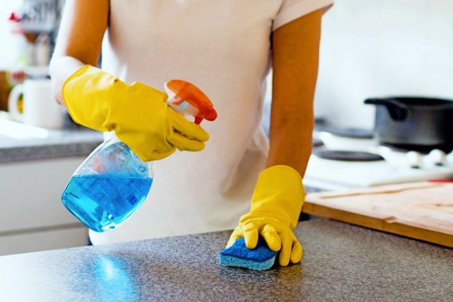 Cleaner maintaining desks and shared office surfaces in Ilford