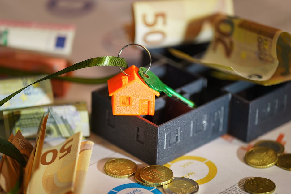 A close-up view of a black foam house-shaped keychain attached to a green keyring, resting on a surface scattered with various euro banknotes and coins, with the background slightly blurred showing additional currency. The arrangement suggests financial considerations related to property costs or fees, relevant to residential cleaning and end of tenancy processes, as discussed on the page titled 'Ilford end of tenancy cleaning prices explained hidden fees' at cleaners-ilford.com. The lighting highlights the glossy texture of the coins and the details of the banknotes, emphasizing the monetary aspect of property cleaning services offered by Cleaners Ilford.