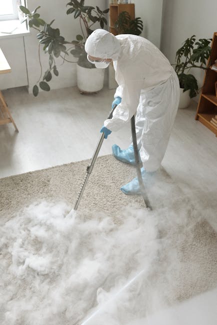 A professional cleaner wearing a white protective suit, face mask, and blue gloves is using a steam or extraction vacuum cleaner on a light-colored, plush carpet in a well-lit, modern living room. The room features a large window allowing natural light, with potted plants on the windowsill and a wooden bookshelf in the background. The carpet appears wet and heavily soiled as the cleaner performs deep cleaning and sanitisation. The scene emphasizes surface cleaning and hygiene, consistent with the services offered by Cleaners Ilford, as depicted on the page about same-day carpet cleaning in Ilford.