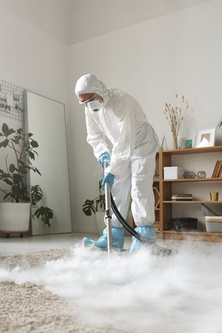 A professional cleaner wearing a white protective suit, face mask, and blue gloves is using a steam or extraction vacuum cleaner on a light-colored, plush carpet in a well-lit, modern living room. The room features a large window allowing natural light, with potted plants on the windowsill and a wooden bookshelf in the background. The carpet appears wet and heavily soiled as the cleaner performs deep cleaning and sanitisation. The scene emphasizes surface cleaning and hygiene, consistent with the services offered by Cleaners Ilford, as depicted on the page about same-day carpet cleaning in Ilford.